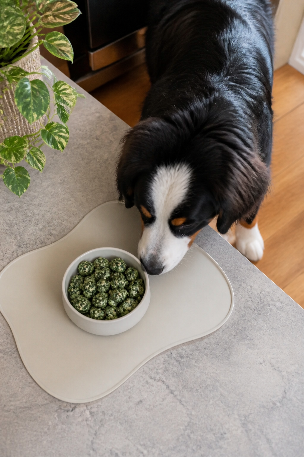 Same pet recipe photoshoot, same home kitchen, same natural window light, same smartphone camera sty