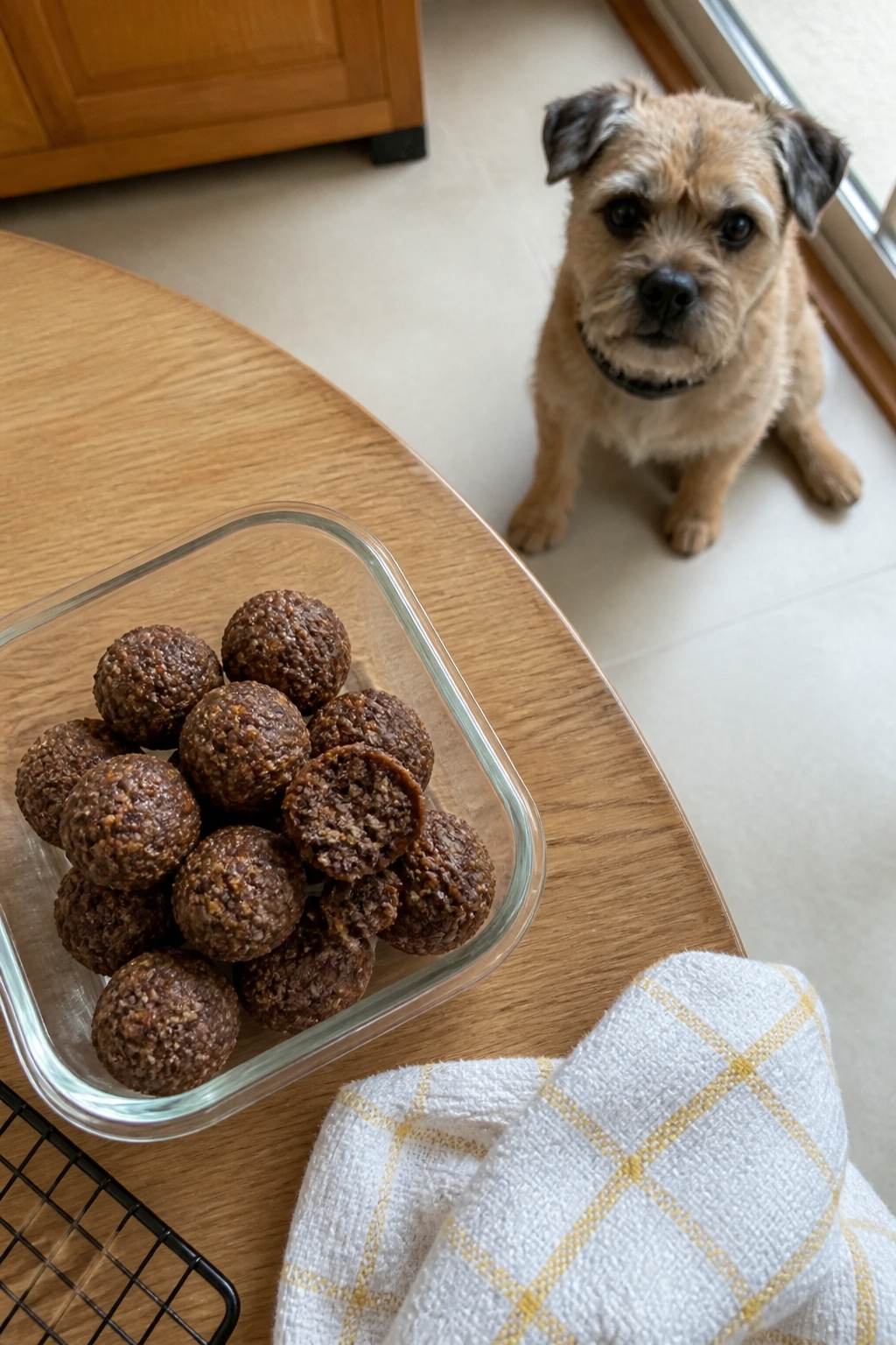 Same pet recipe photoshoot, same home kitchen, same natural window light, same smartphone camera sty