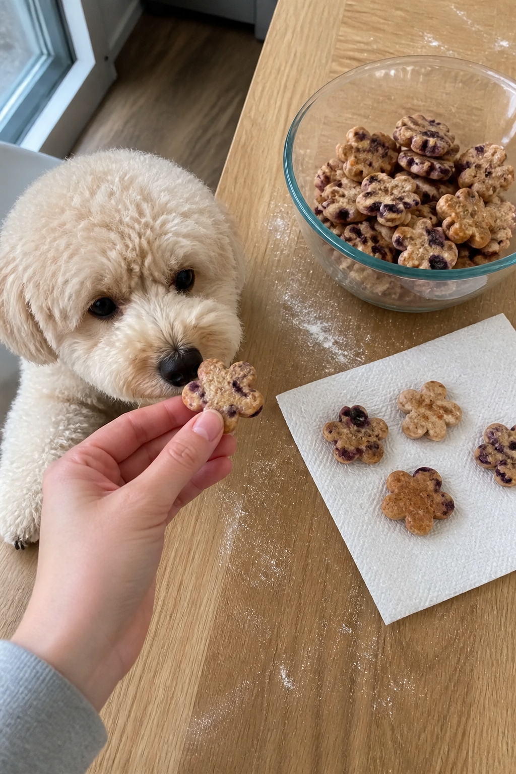 Same pet recipe photoshoot, same home kitchen, same natural window light, same smartphone camera sty
