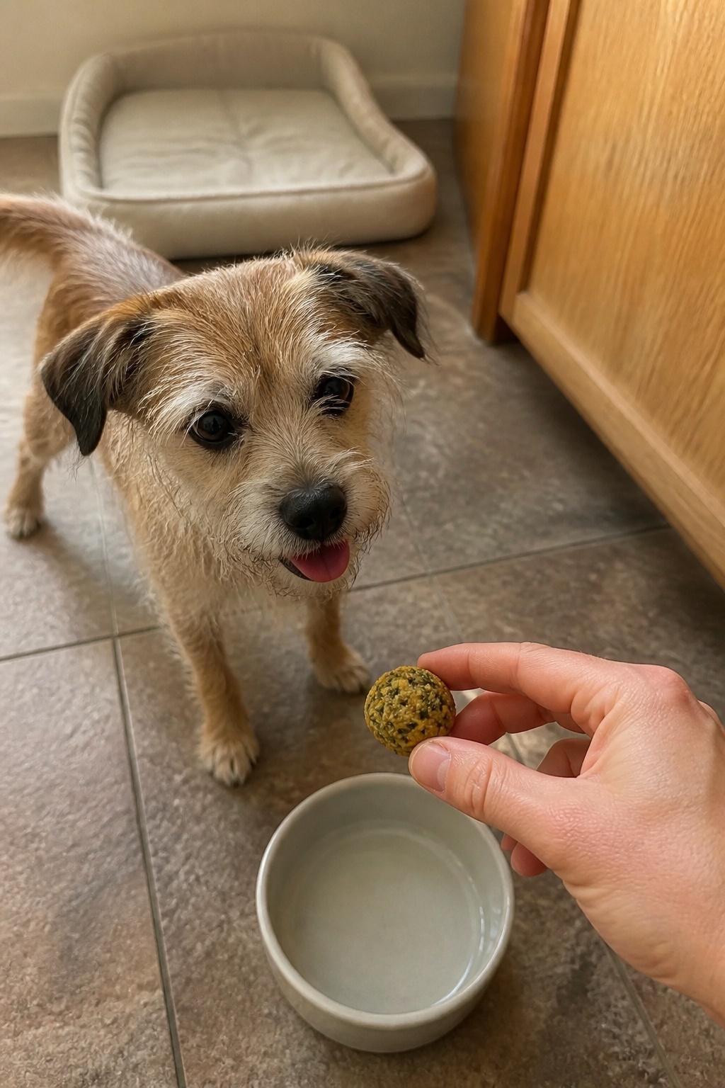 Same pet recipe photoshoot, same home kitchen, same natural window light, same smartphone camera sty