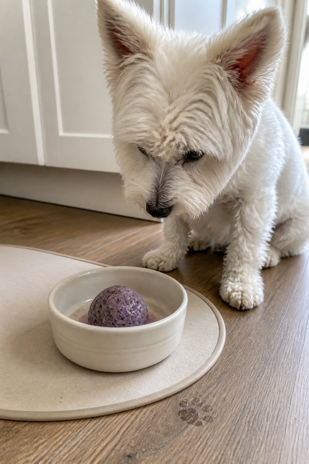Same pet recipe photoshoot, same home kitchen, same natural window light, same smartphone camera sty