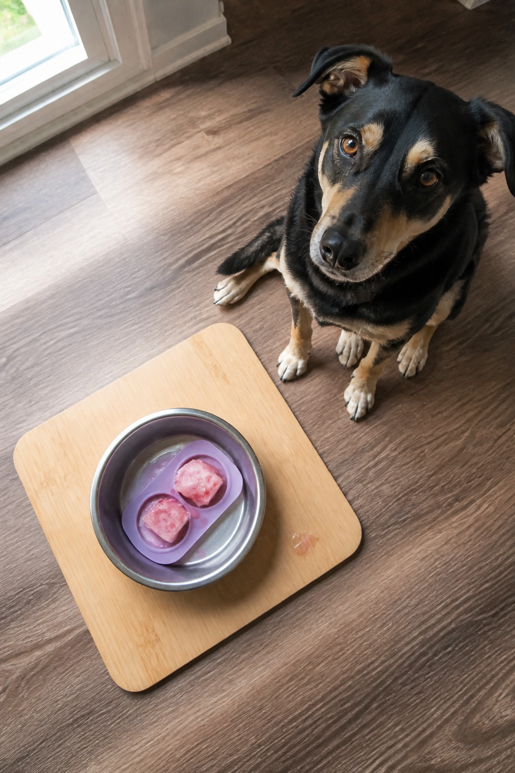 Same pet recipe photoshoot, same home kitchen, same natural window light, same smartphone camera sty