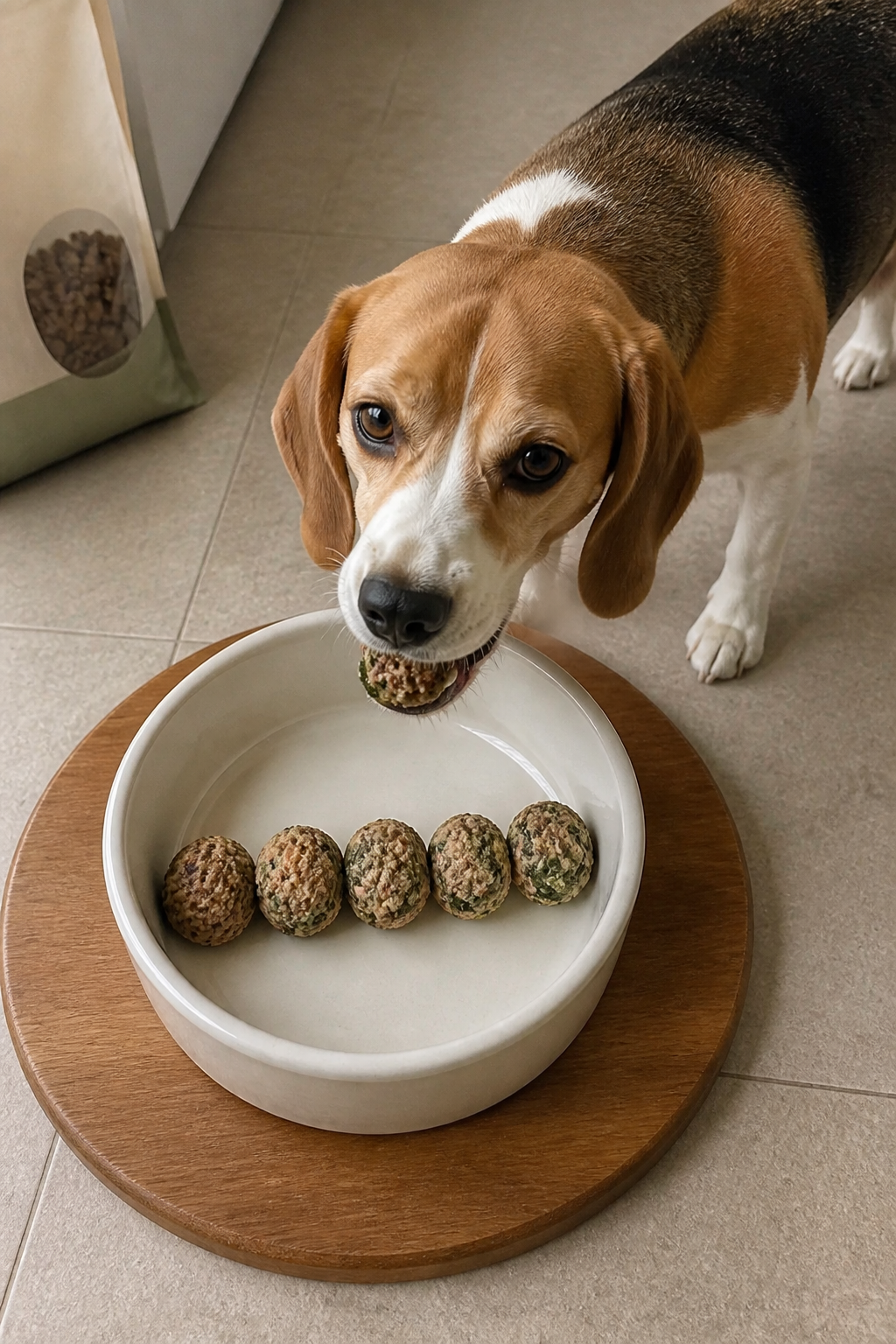 Same pet recipe photoshoot, same home kitchen, same natural window light, same smartphone camera sty