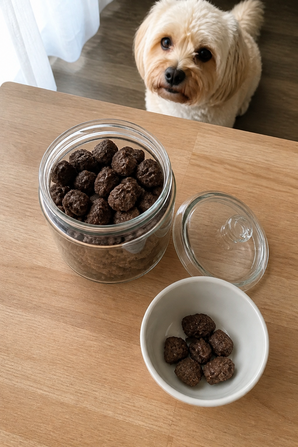 Same pet recipe photoshoot, same home kitchen, same natural window light, same smartphone camera sty