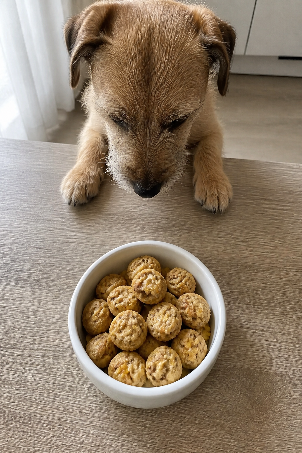 Same pet recipe photoshoot, same home kitchen, same natural window light, same smartphone camera sty