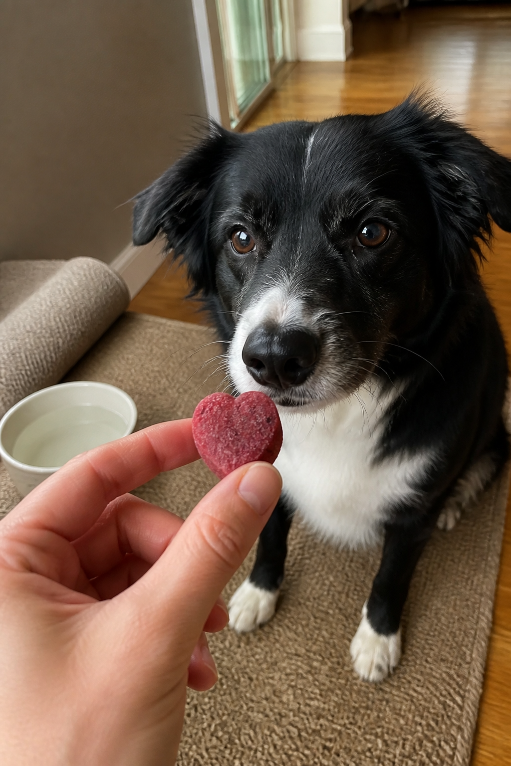 Same pet recipe photoshoot, same home kitchen, same natural window light, same smartphone camera sty