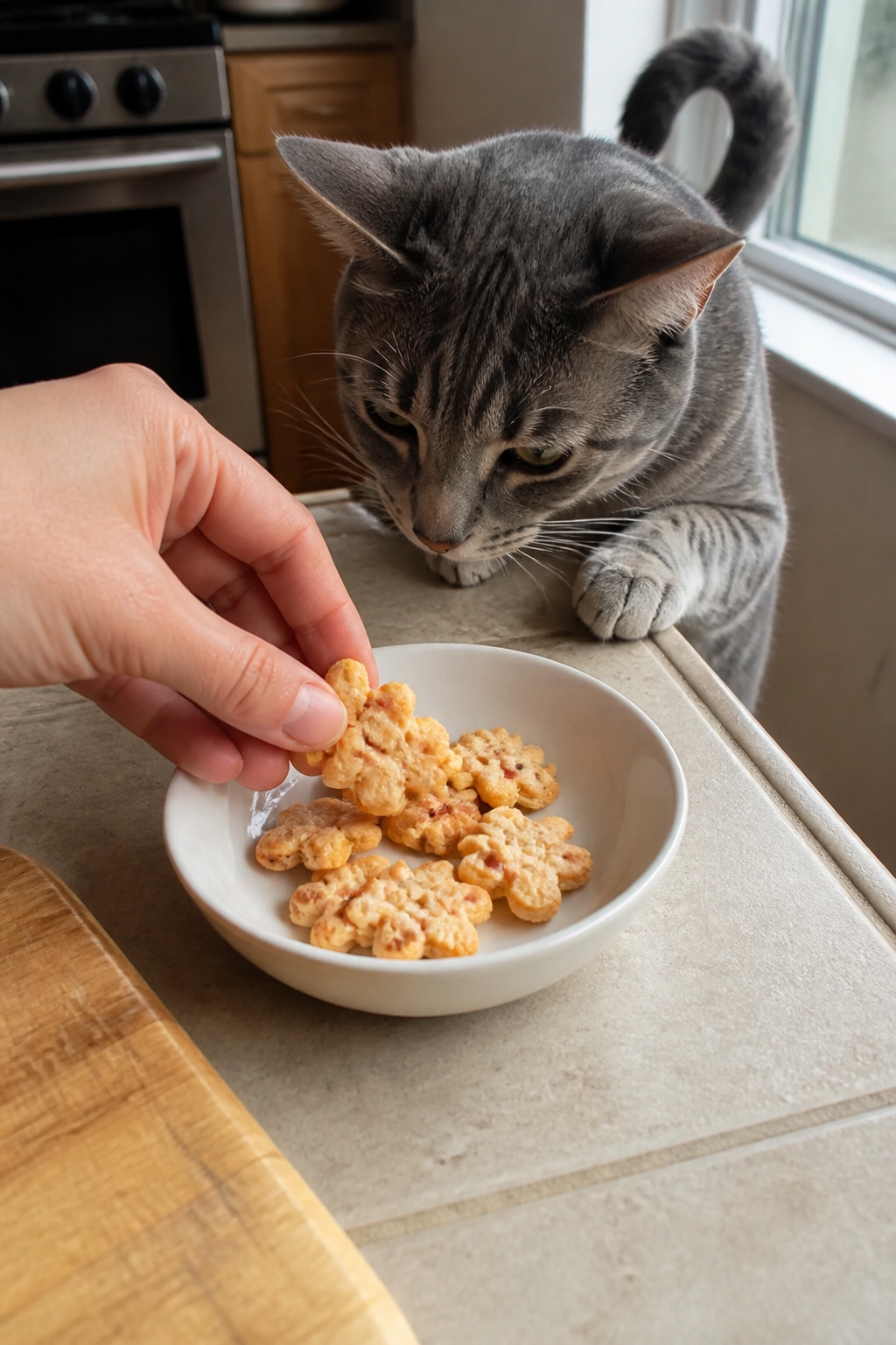 Same pet recipe photoshoot, same home kitchen, same natural window light, same smartphone camera sty