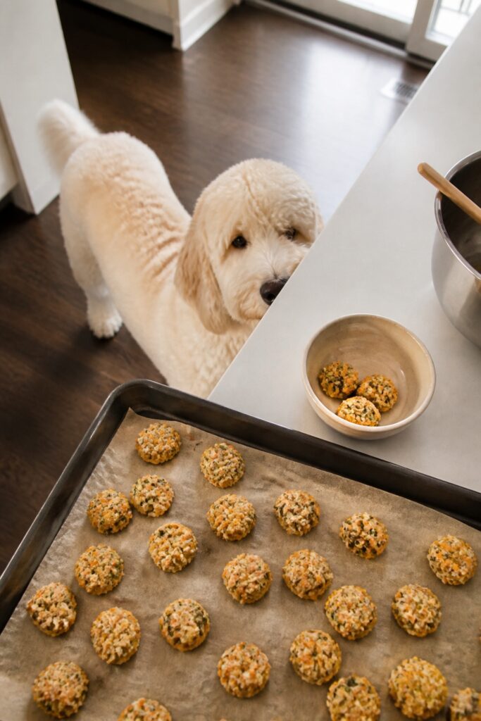 Same pet recipe photoshoot, same home kitchen, same natural window light, same smartphone camera sty