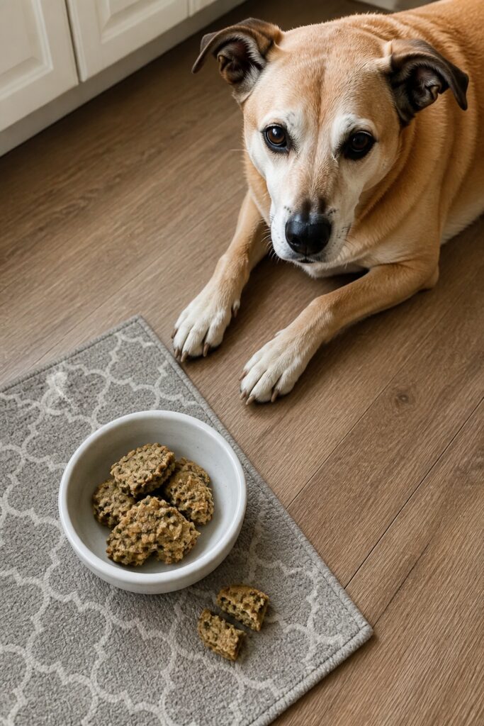 Same pet recipe photoshoot, same home kitchen, same natural window light, same smartphone camera sty