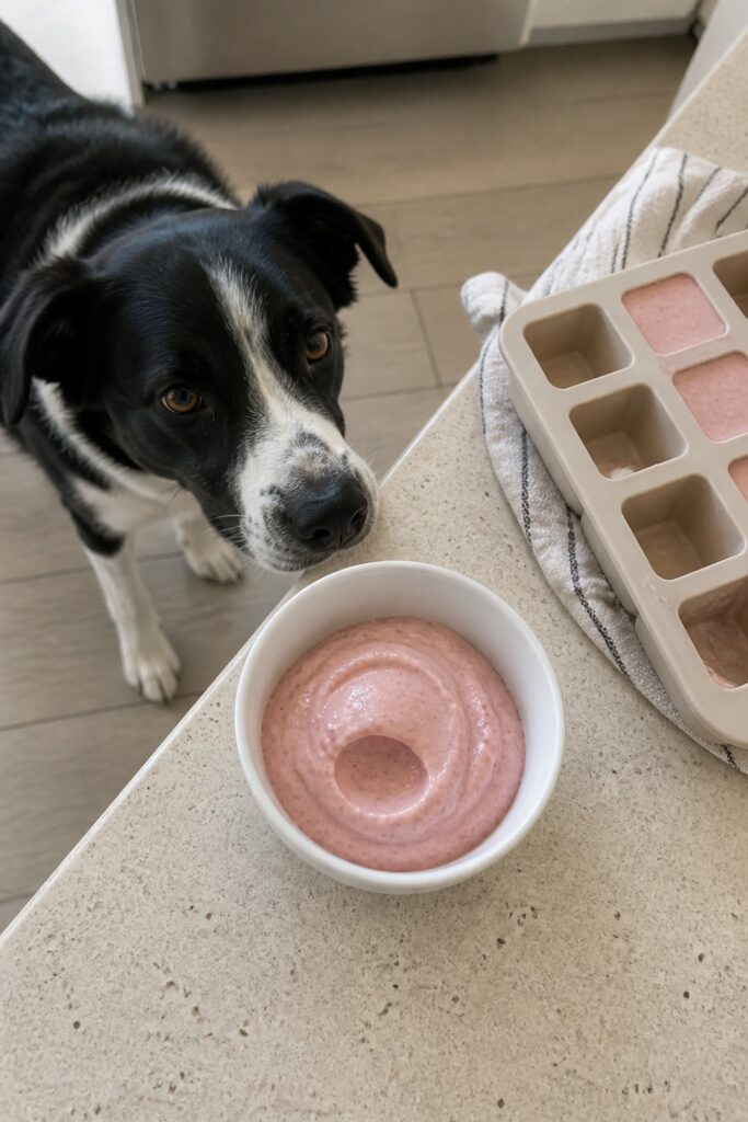 Same pet recipe photoshoot, same home kitchen, same natural window light, same smartphone camera sty