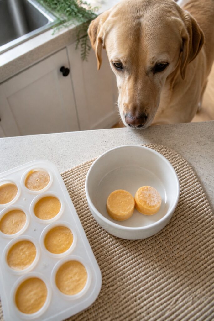 Same pet recipe photoshoot, same home kitchen, same natural window light, same smartphone camera sty