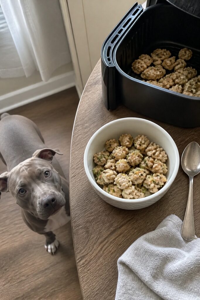 Same pet recipe photoshoot, same home kitchen, same natural window light, same smartphone camera sty