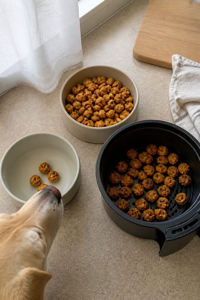 Same pet recipe photoshoot, same home kitchen, same natural window light, same smartphone camera sty