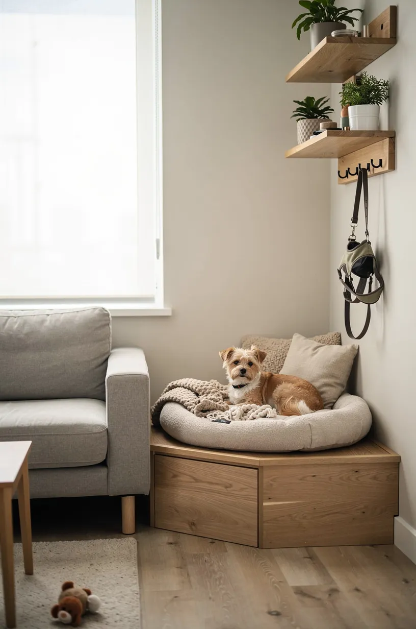 1. Corner Pet Nook with a Cozy Bed