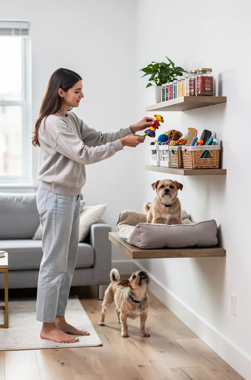 4. Wall-Mounted Floating Shelf Pet Station